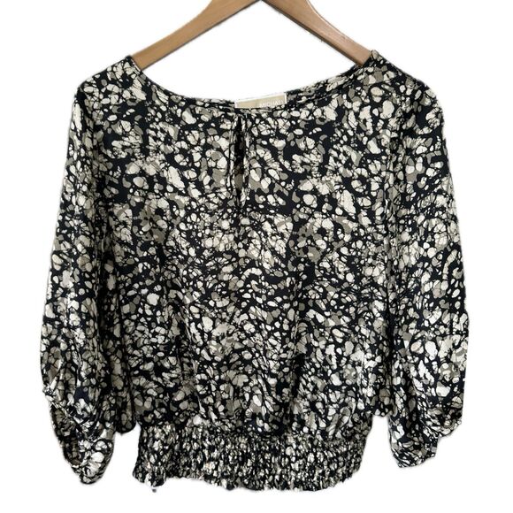 Michael Kors Boat Keyhole Neckline Balloon Sleeves Smocked Waist Hem Blouse XS - Picture 1 of 6